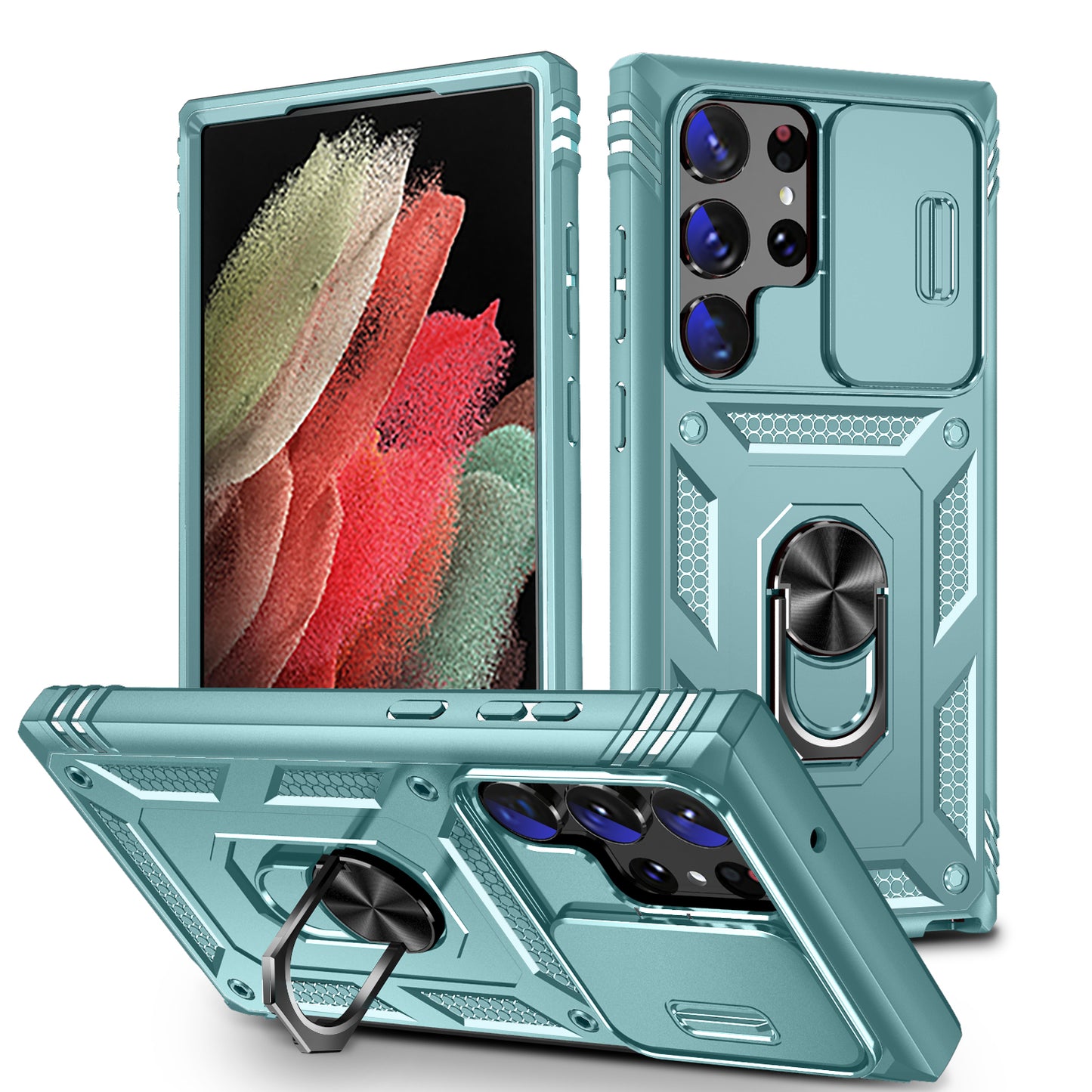 For Samsung Galaxy S24 Ultra Phone Case Built-in Slide Camera Lens Cover + Ring Holder Kickstand - Grey Green
