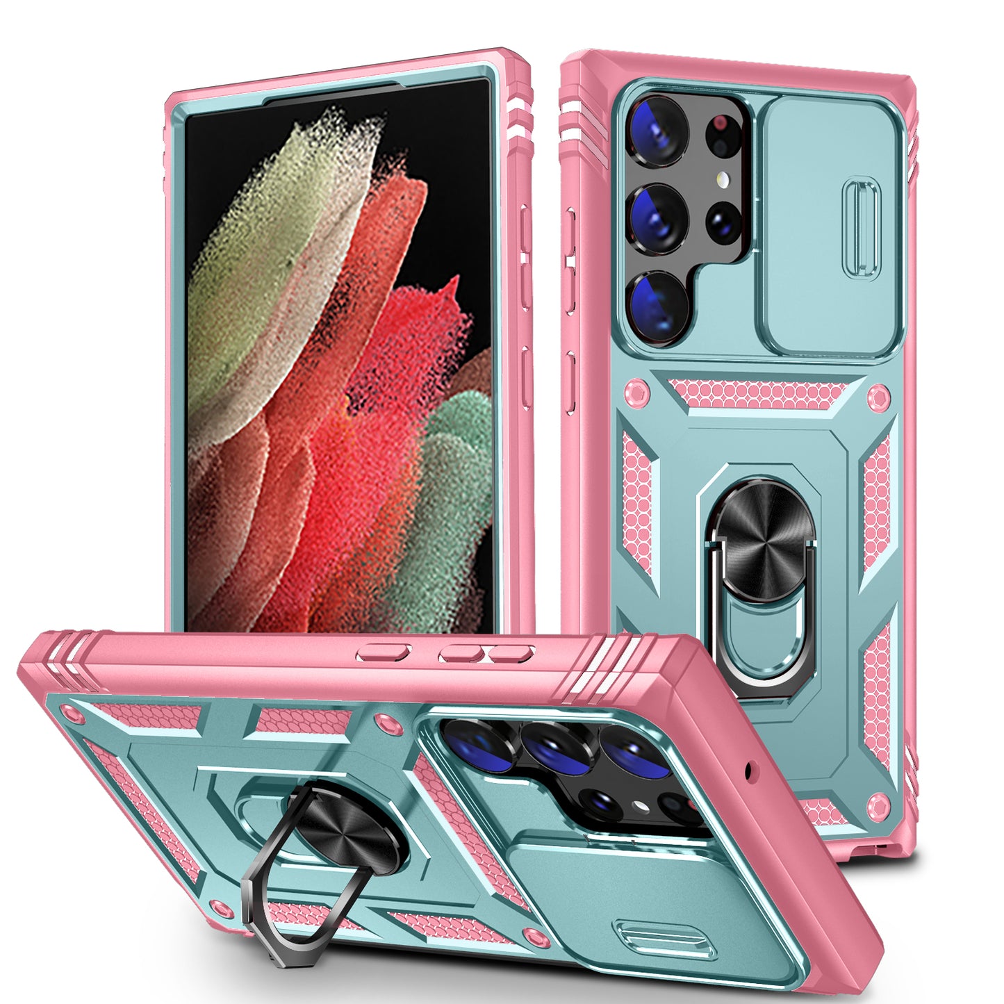 For Samsung Galaxy S24 Ultra Phone Case Built-in Slide Camera Lens Cover + Ring Holder Kickstand - Grey Green+Pink