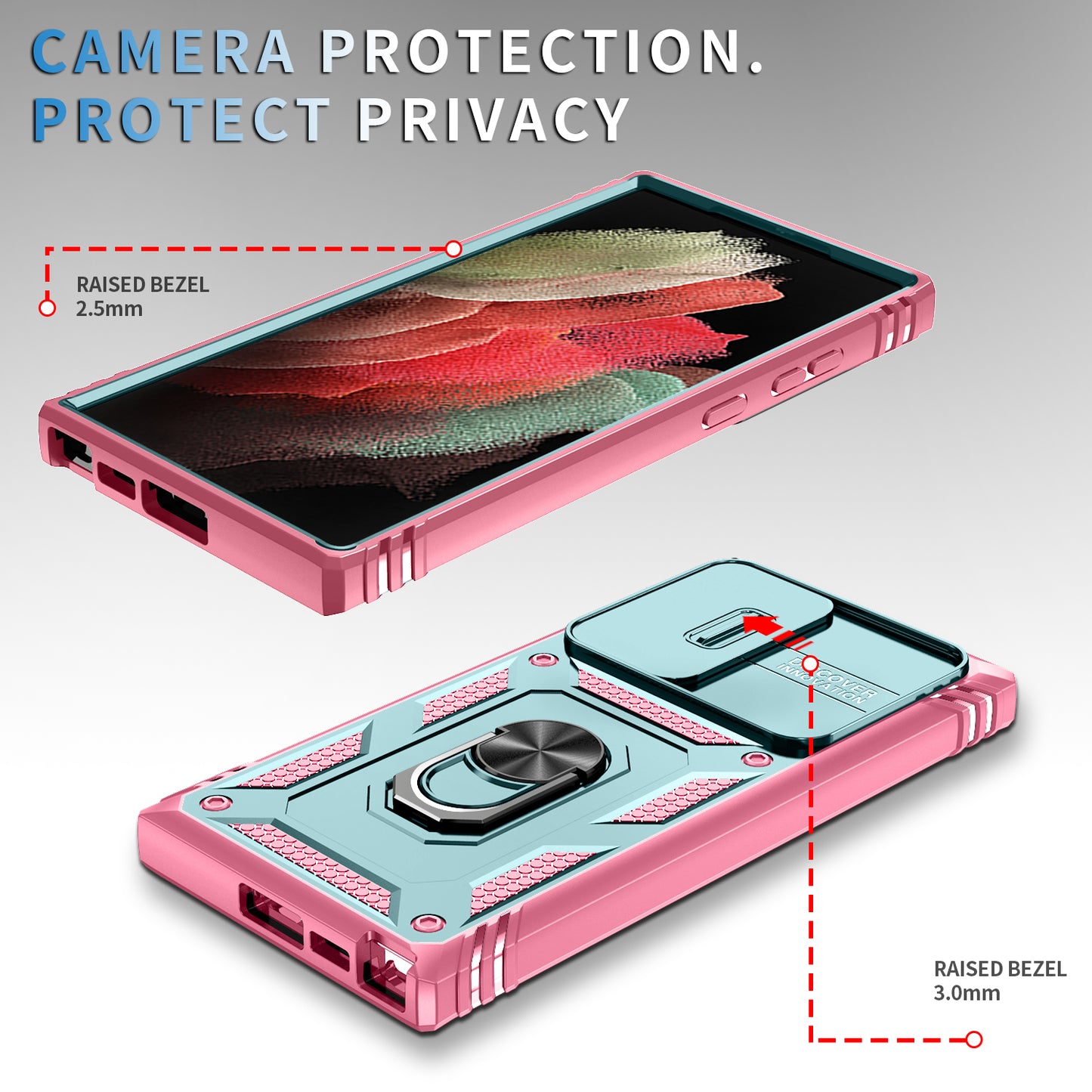 For Samsung Galaxy S24 Ultra Phone Case Built-in Slide Camera Lens Cover + Ring Holder Kickstand - Grey Green+Pink