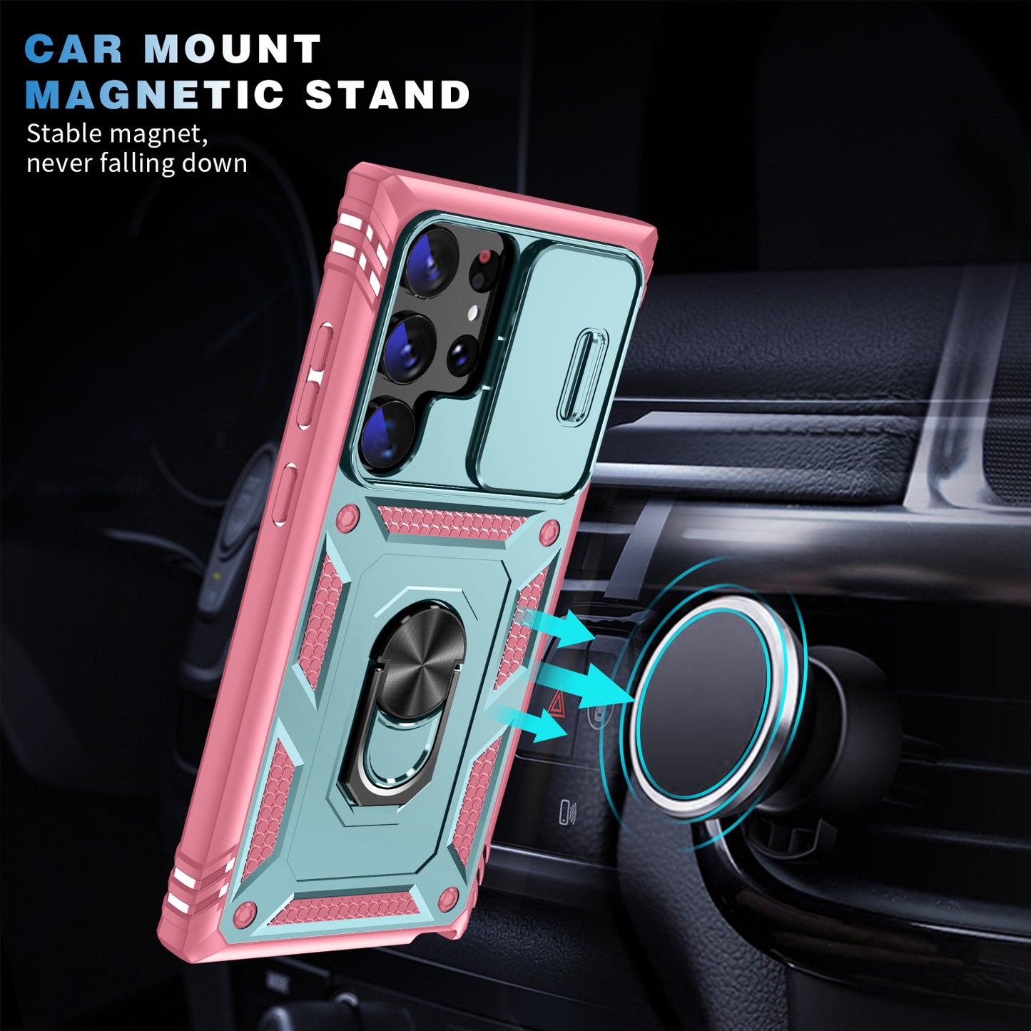 For Samsung Galaxy S24 Ultra Phone Case Built-in Slide Camera Lens Cover + Ring Holder Kickstand - Grey Green+Pink