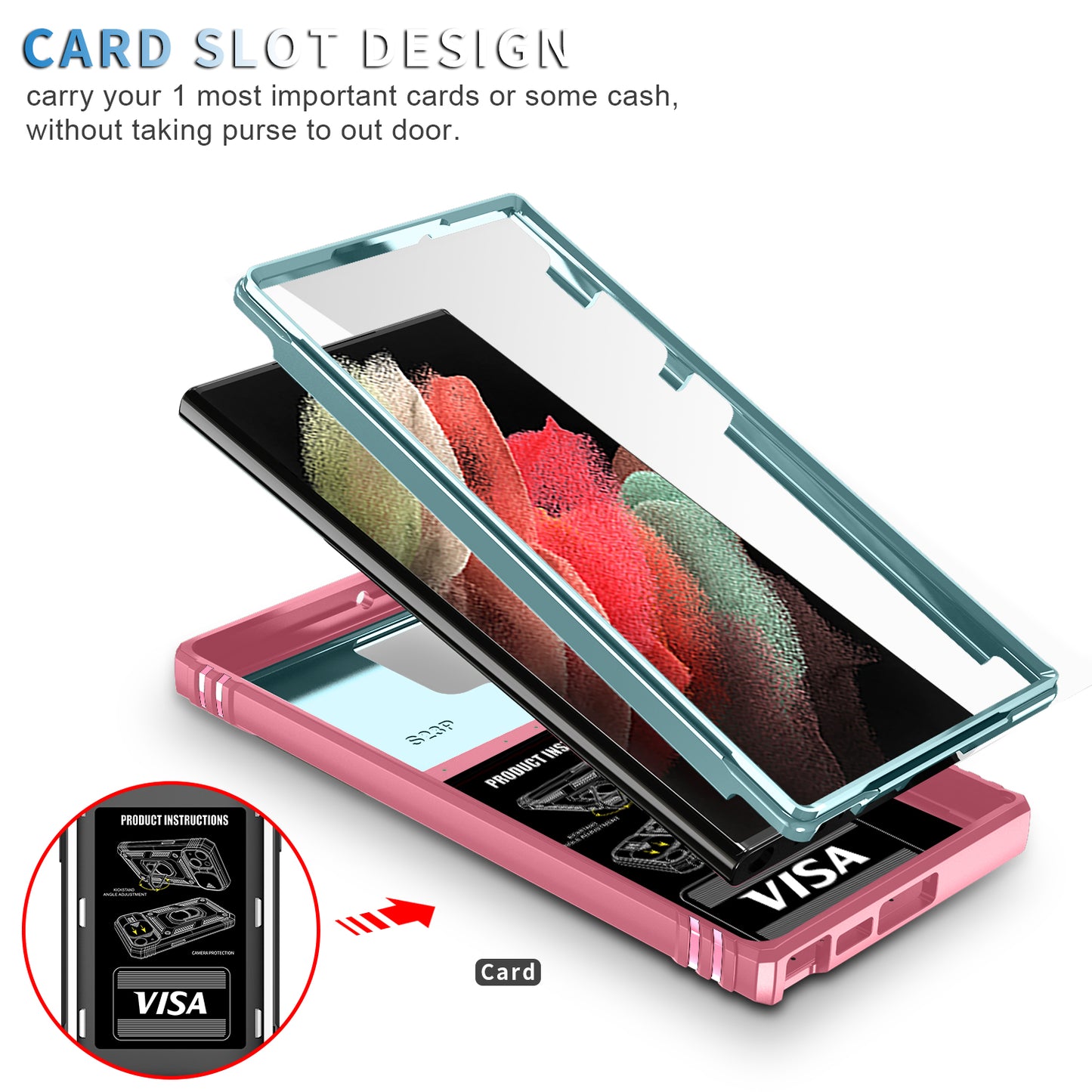 For Samsung Galaxy S24 Ultra Phone Case Built-in Slide Camera Lens Cover + Ring Holder Kickstand - Grey Green+Pink