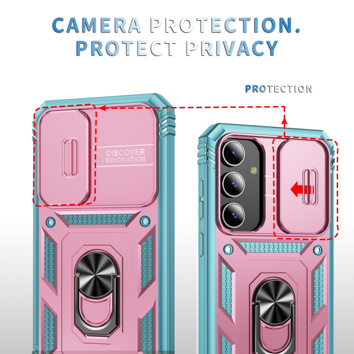 For Samsung Galaxy S24 Anti-Drop Protection Case with Camera Sliding Cover - Pink+Grey Green