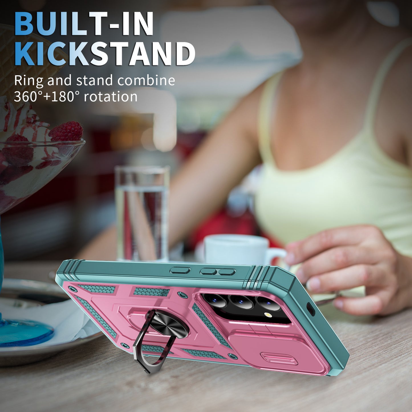 For Samsung Galaxy S24 Anti-Drop Protection Case with Camera Sliding Cover - Pink+Grey Green