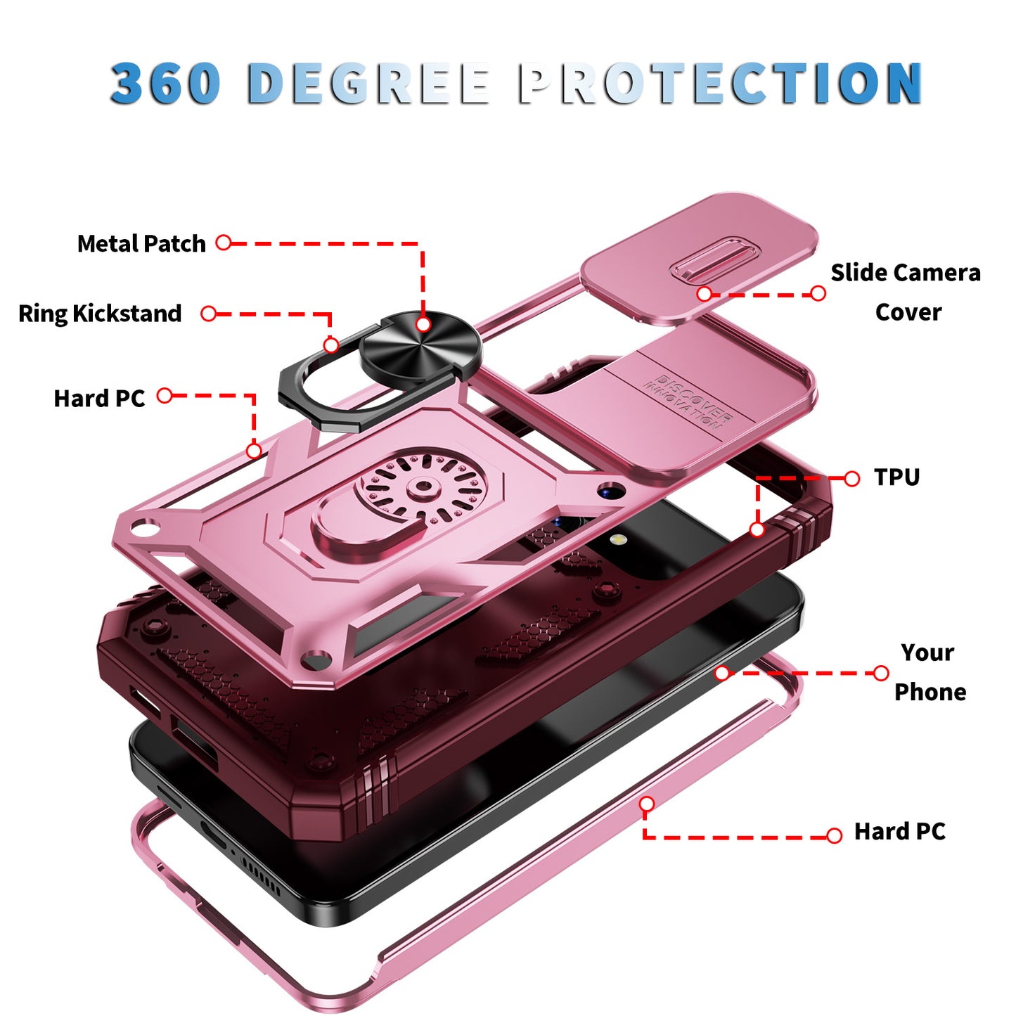 Slide Window Design for Samsung Galaxy S24+ Phone Case TPU+PC Protective Cover - Pink+Dark Red