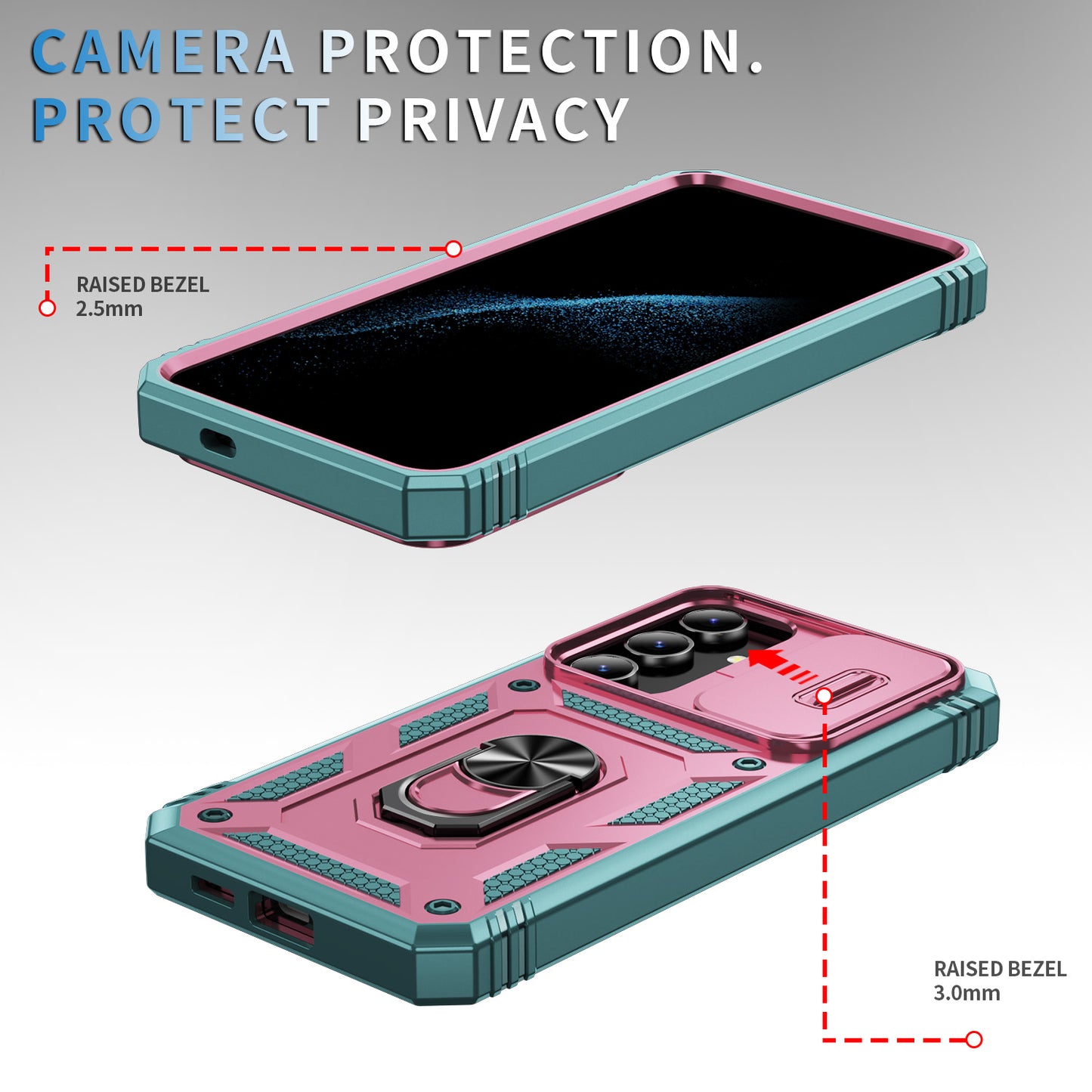 Slide Window Design for Samsung Galaxy S24+ Phone Case TPU+PC Protective Cover - Pink+Grey Green