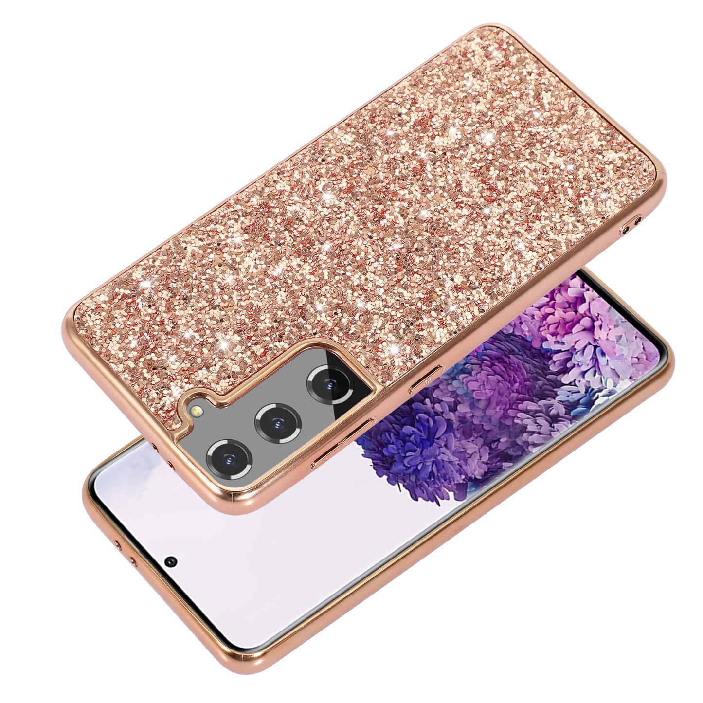 For Samsung Galaxy S24+ Case Glittering Sequins TPU Frame + PC Back Phone Cover - Rose Gold