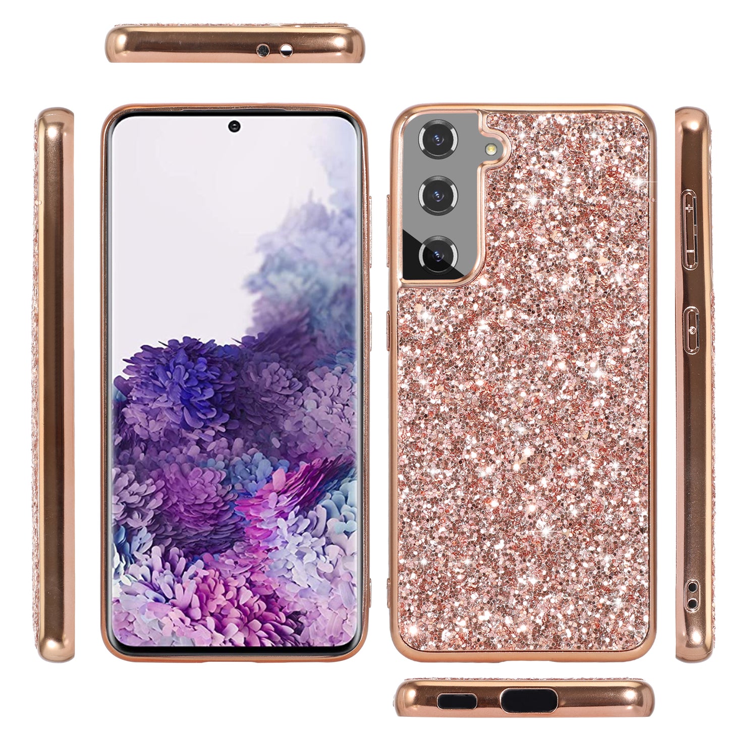 For Samsung Galaxy S24+ Case Glittering Sequins TPU Frame + PC Back Phone Cover - Rose Gold