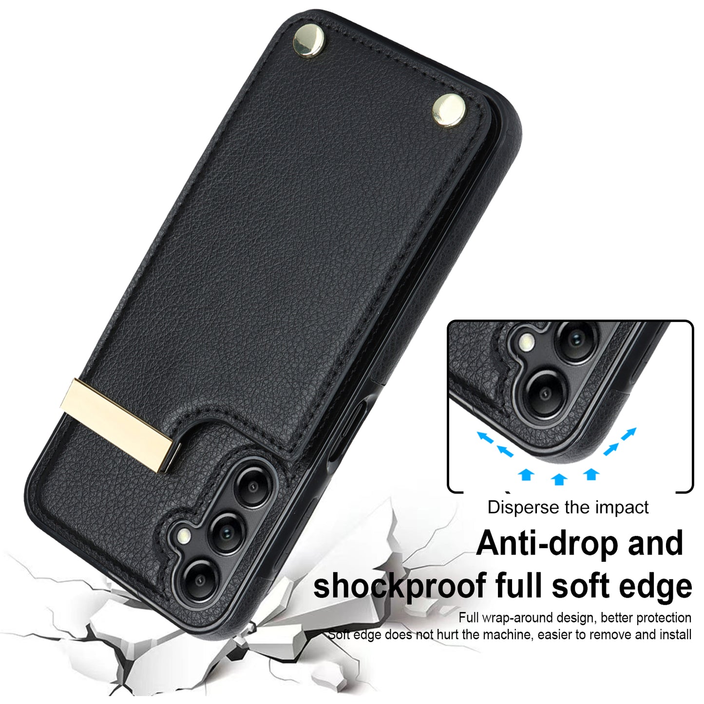 For Samsung Galaxy S24 Case TPU+PU Leather+Metal Hardware Phone Cover with Card Holder - Black