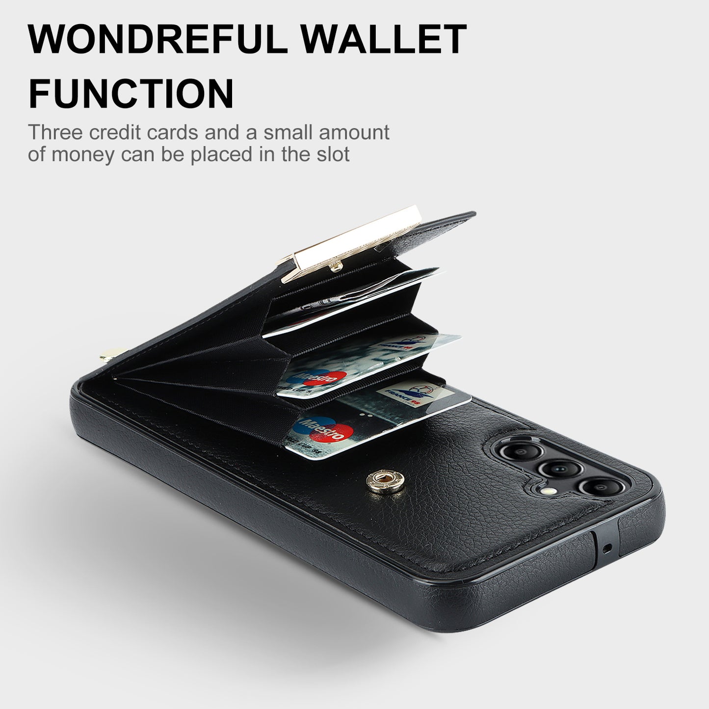 For Samsung Galaxy S24 Case TPU+PU Leather+Metal Hardware Phone Cover with Card Holder - Black