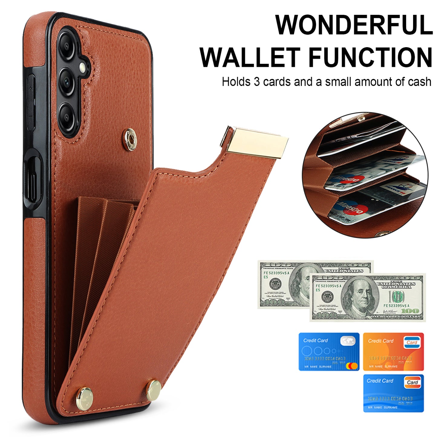 For Samsung Galaxy S24 Case TPU+PU Leather+Metal Hardware Phone Cover with Card Holder - Brown