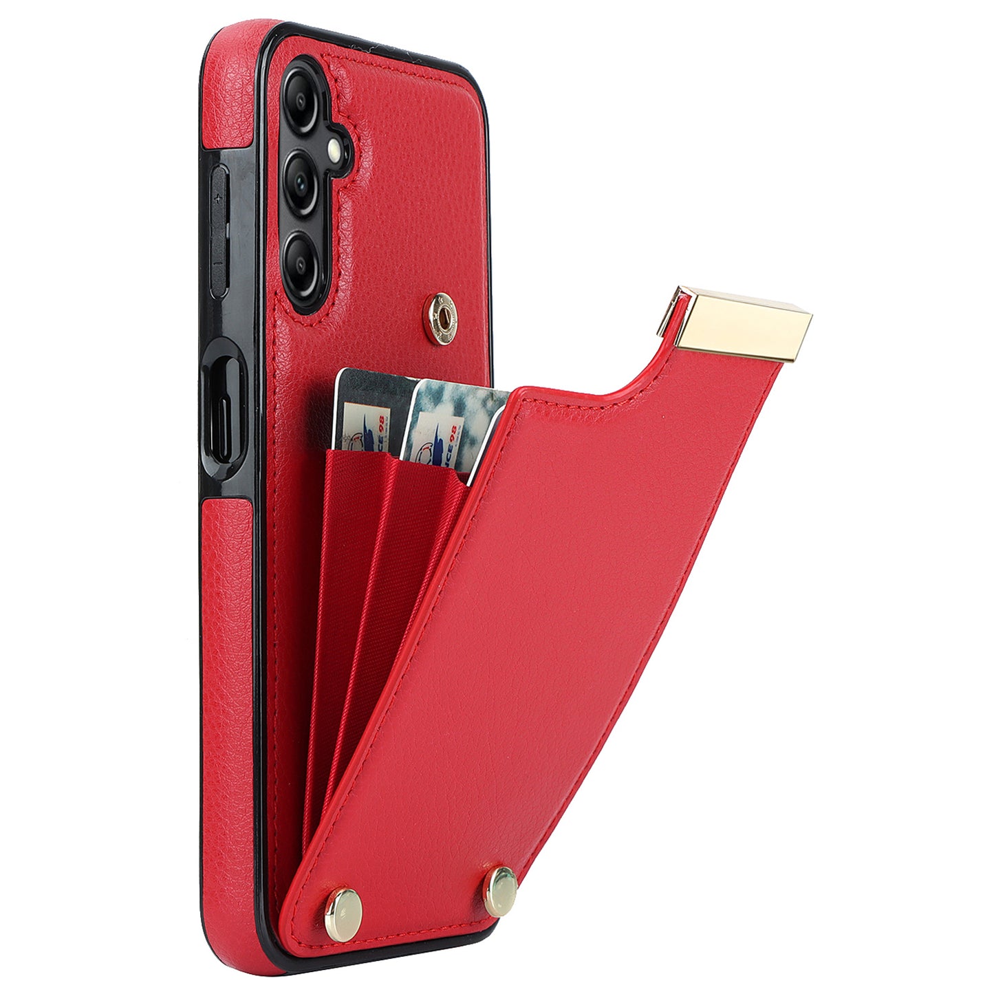 For Samsung Galaxy S24 Case TPU+PU Leather+Metal Hardware Phone Cover with Card Holder - Red