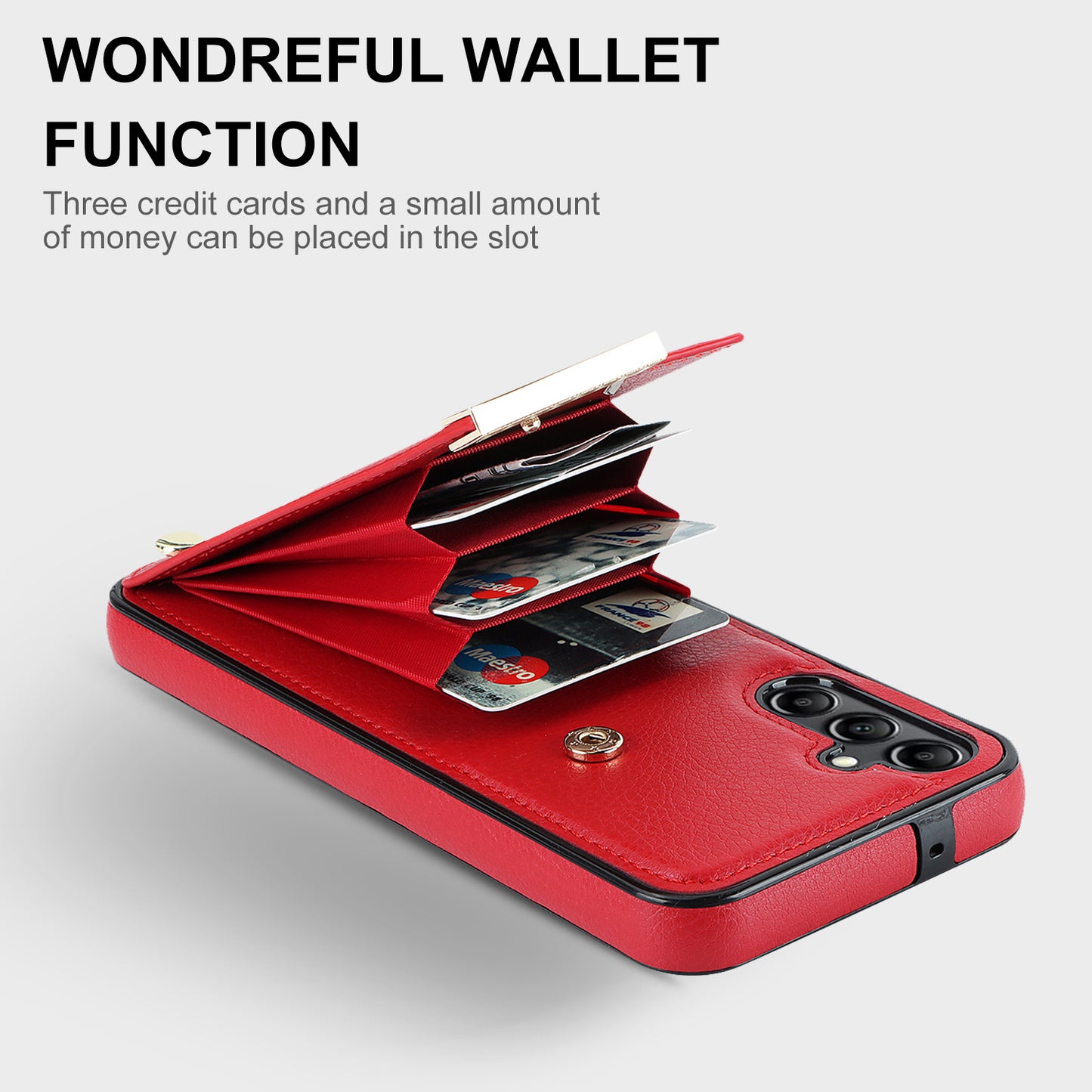 For Samsung Galaxy S24 Case TPU+PU Leather+Metal Hardware Phone Cover with Card Holder - Red