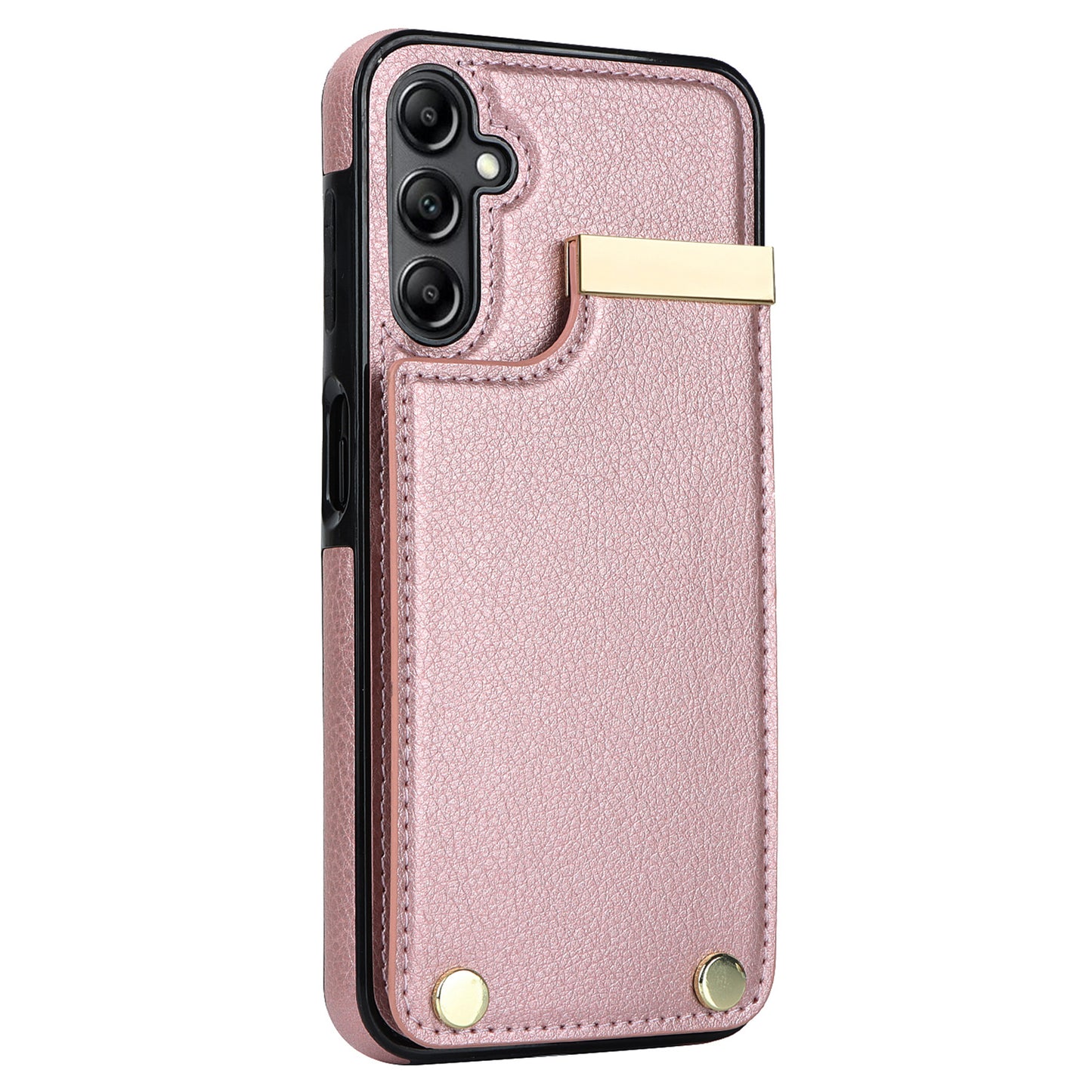 For Samsung Galaxy S24+ Cover Metal Decor TPU+PU Leather Card Holder Anti-drop Cell Phone Case - Rose Gold