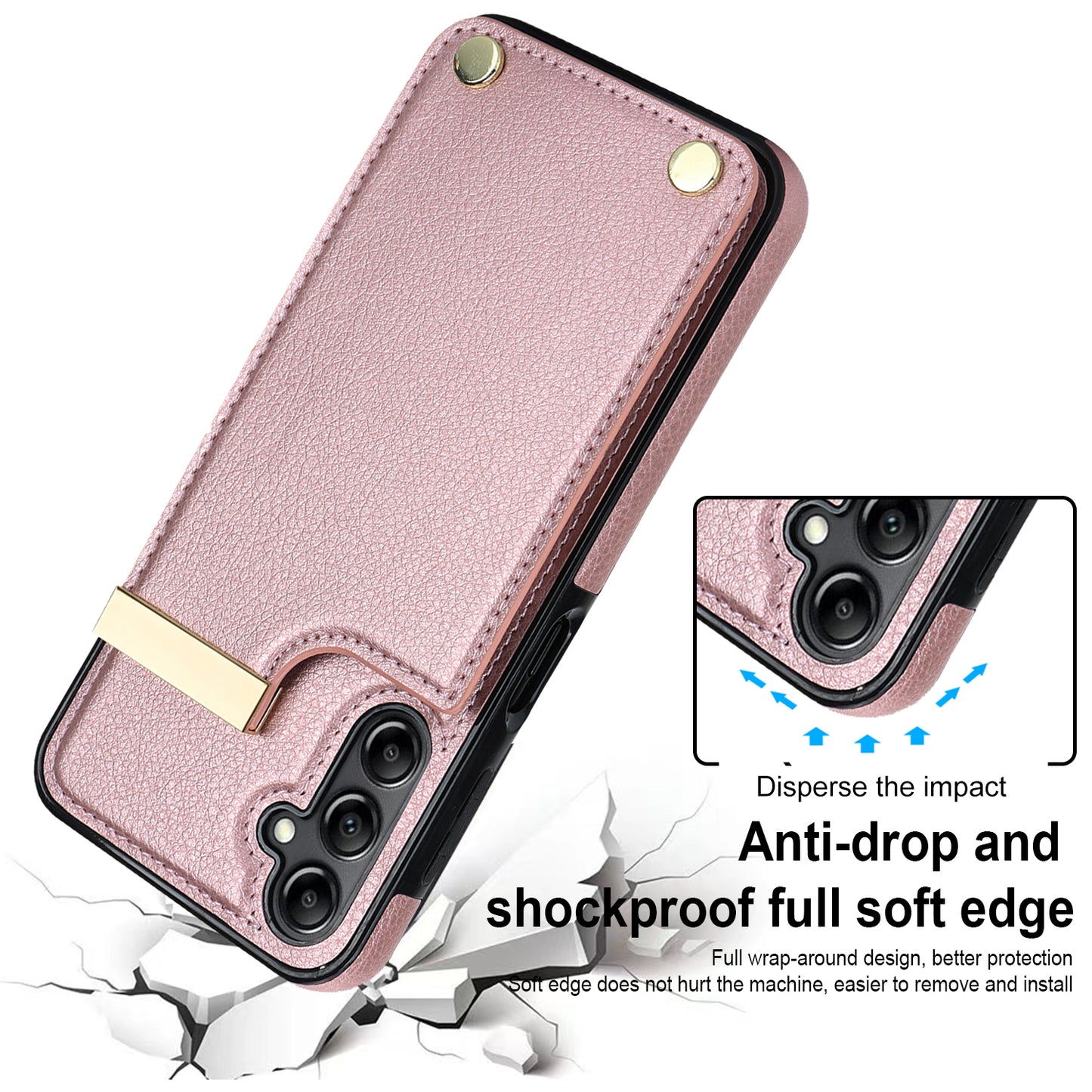 For Samsung Galaxy S24+ Cover Metal Decor TPU+PU Leather Card Holder Anti-drop Cell Phone Case - Rose Gold