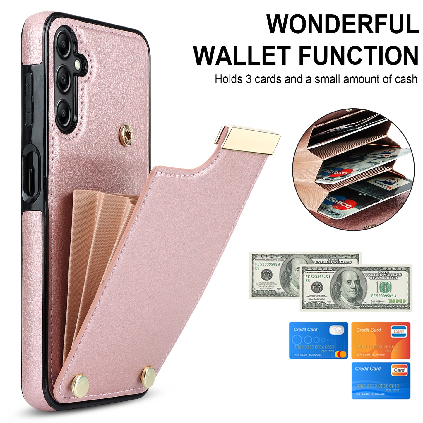 For Samsung Galaxy S24+ Cover Metal Decor TPU+PU Leather Card Holder Anti-drop Cell Phone Case - Rose Gold