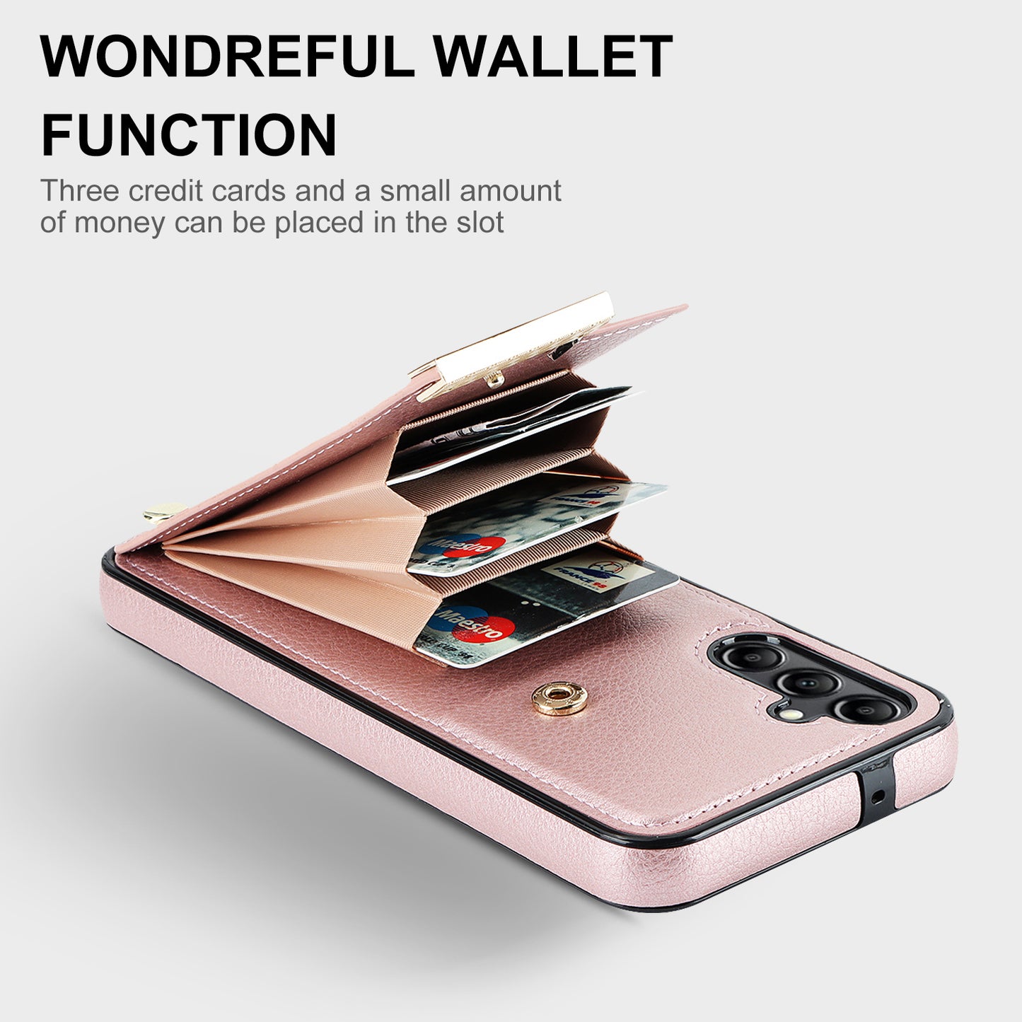 For Samsung Galaxy S24+ Cover Metal Decor TPU+PU Leather Card Holder Anti-drop Cell Phone Case - Rose Gold