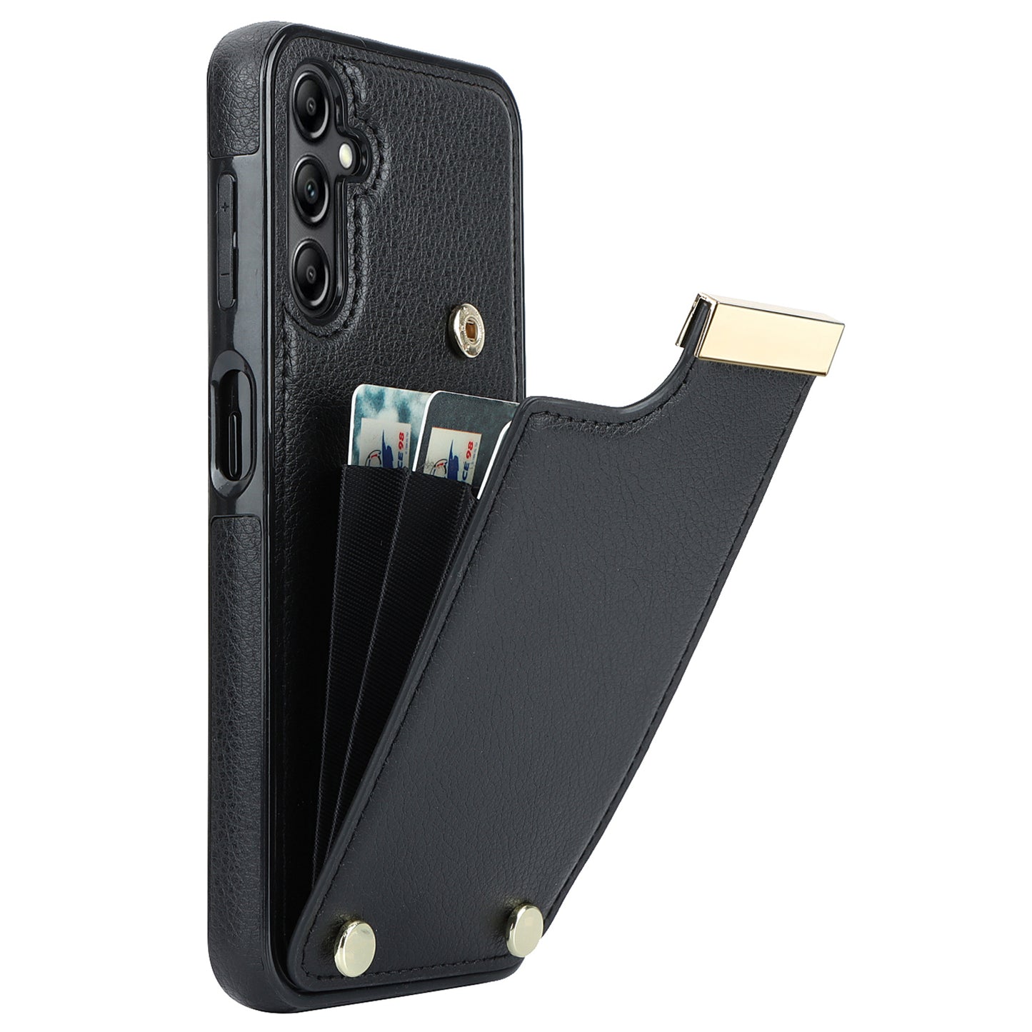 For Samsung Galaxy S24+ Cover Metal Decor TPU+PU Leather Card Holder Anti-drop Cell Phone Case - Black