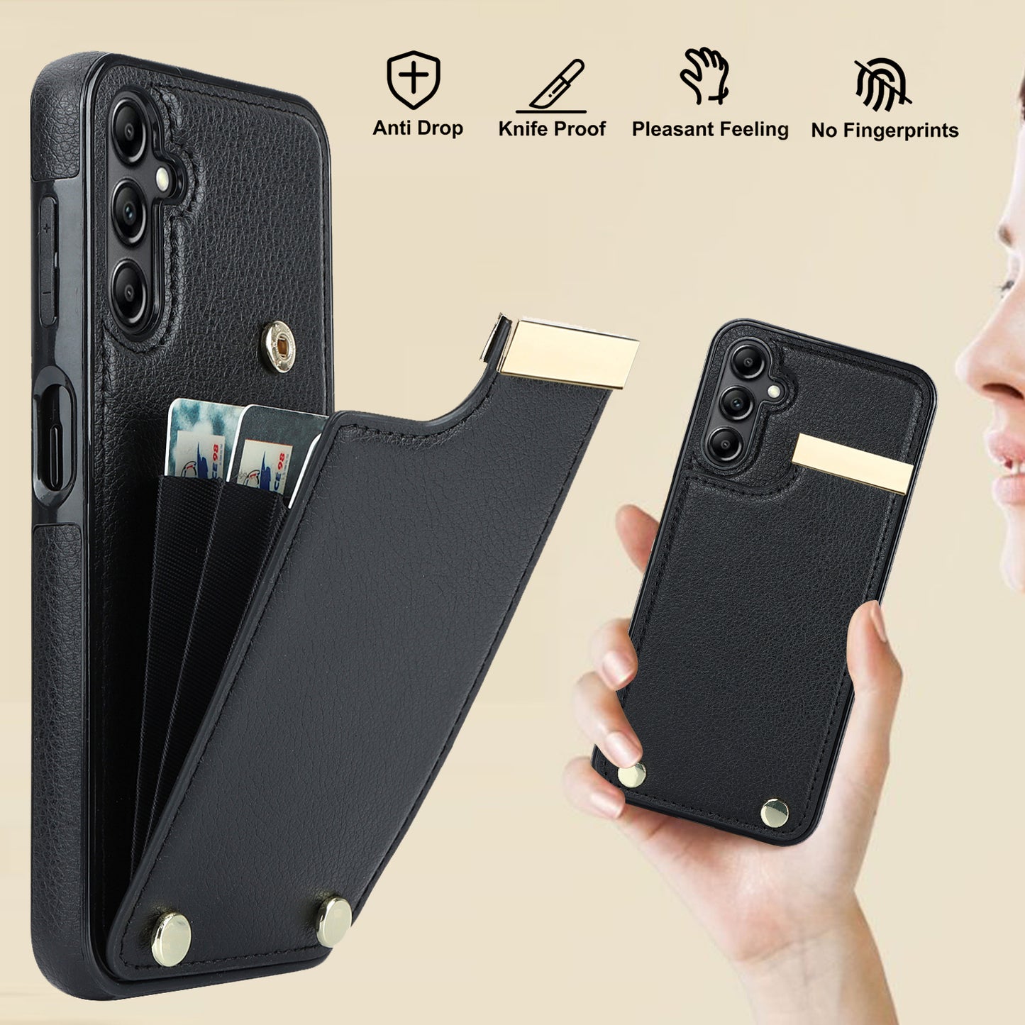 For Samsung Galaxy S24+ Cover Metal Decor TPU+PU Leather Card Holder Anti-drop Cell Phone Case - Black