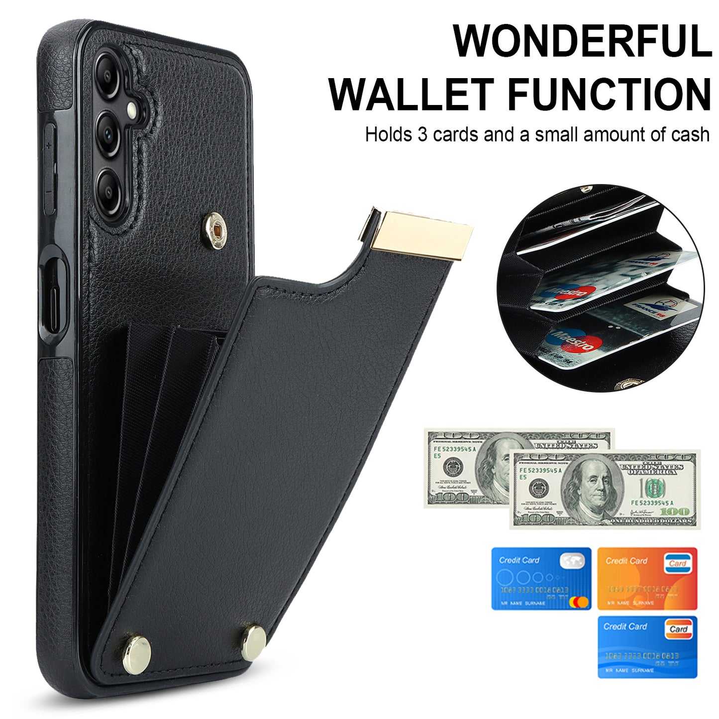 For Samsung Galaxy S24+ Cover Metal Decor TPU+PU Leather Card Holder Anti-drop Cell Phone Case - Black
