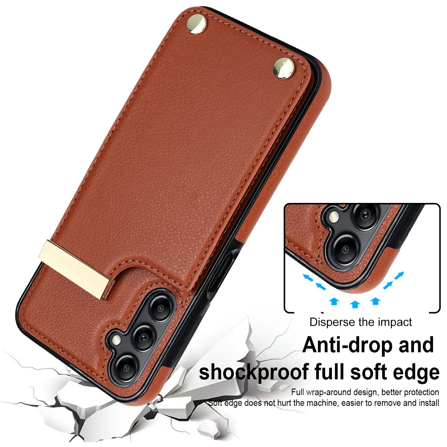 For Samsung Galaxy S24+ Cover Metal Decor TPU+PU Leather Card Holder Anti-drop Cell Phone Case - Brown