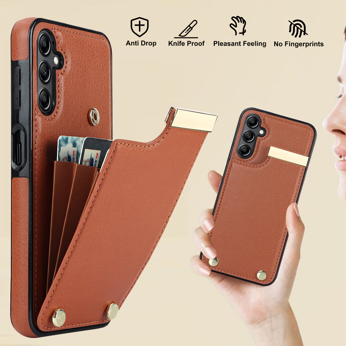 For Samsung Galaxy S24+ Cover Metal Decor TPU+PU Leather Card Holder Anti-drop Cell Phone Case - Brown