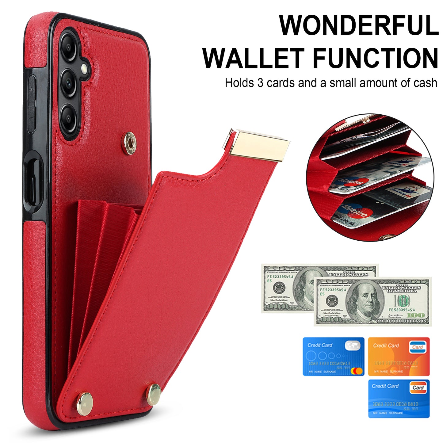 For Samsung Galaxy S24+ Cover Metal Decor TPU+PU Leather Card Holder Anti-drop Cell Phone Case - Red