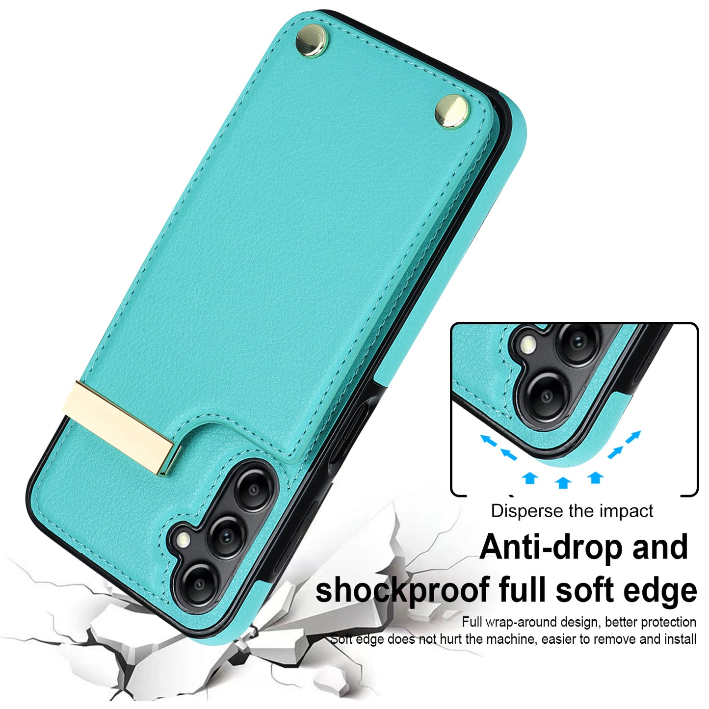 For Samsung Galaxy S24+ Cover Metal Decor TPU+PU Leather Card Holder Anti-drop Cell Phone Case - Mint Green