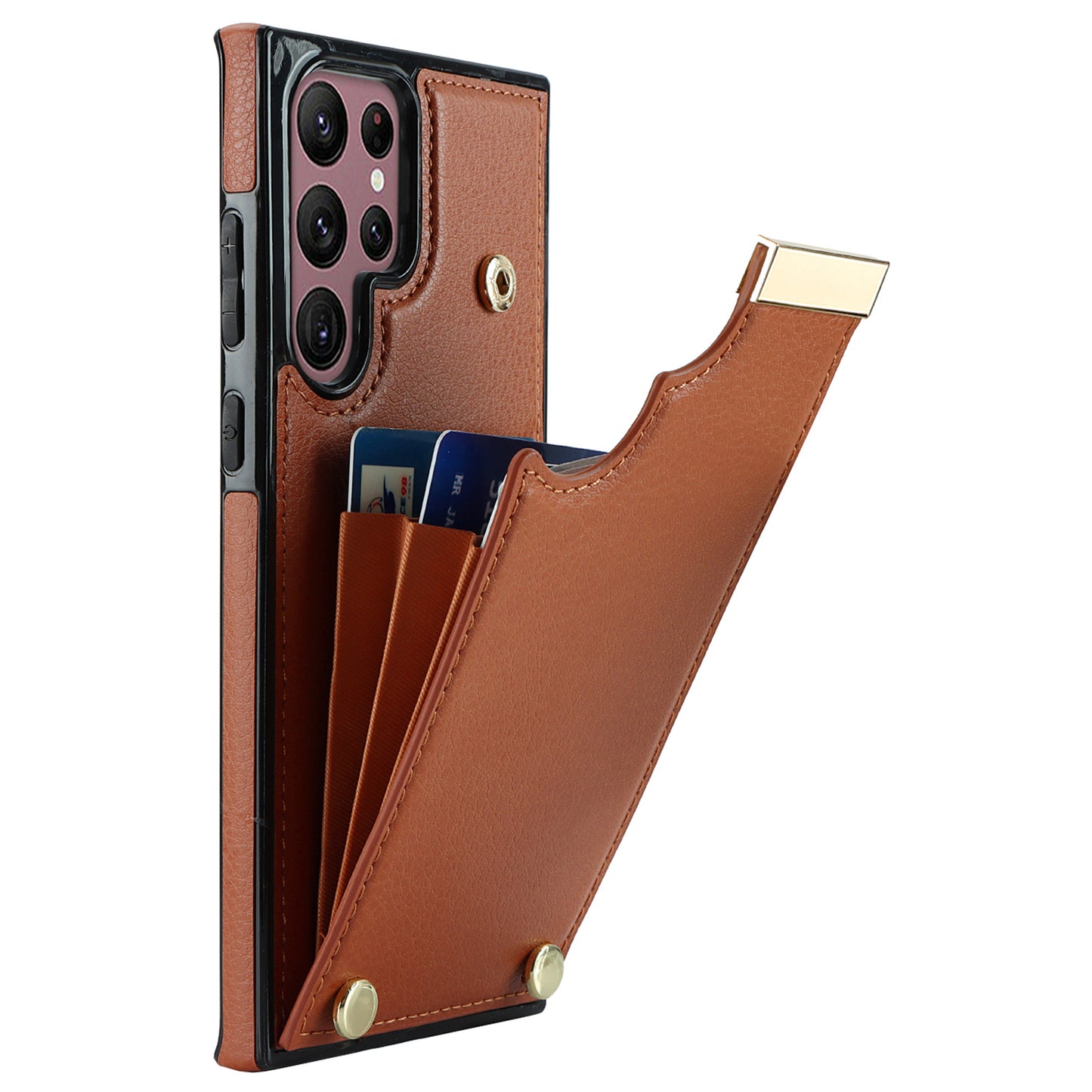 For Samsung Galaxy S24 Ultra Cover Hardware Decor TPU+PU Leather Card Bag Cell Phone Case - Brown