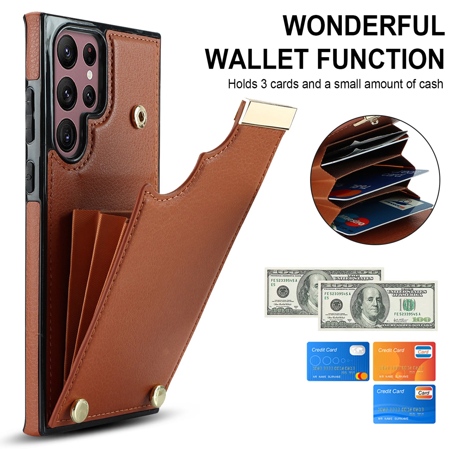 For Samsung Galaxy S24 Ultra Cover Hardware Decor TPU+PU Leather Card Bag Cell Phone Case - Brown