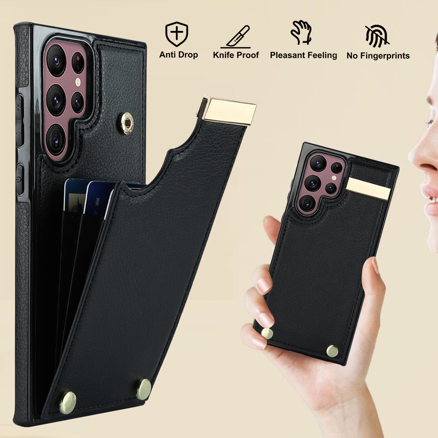 For Samsung Galaxy S24 Ultra Cover Hardware Decor TPU+PU Leather Card Bag Cell Phone Case - Black