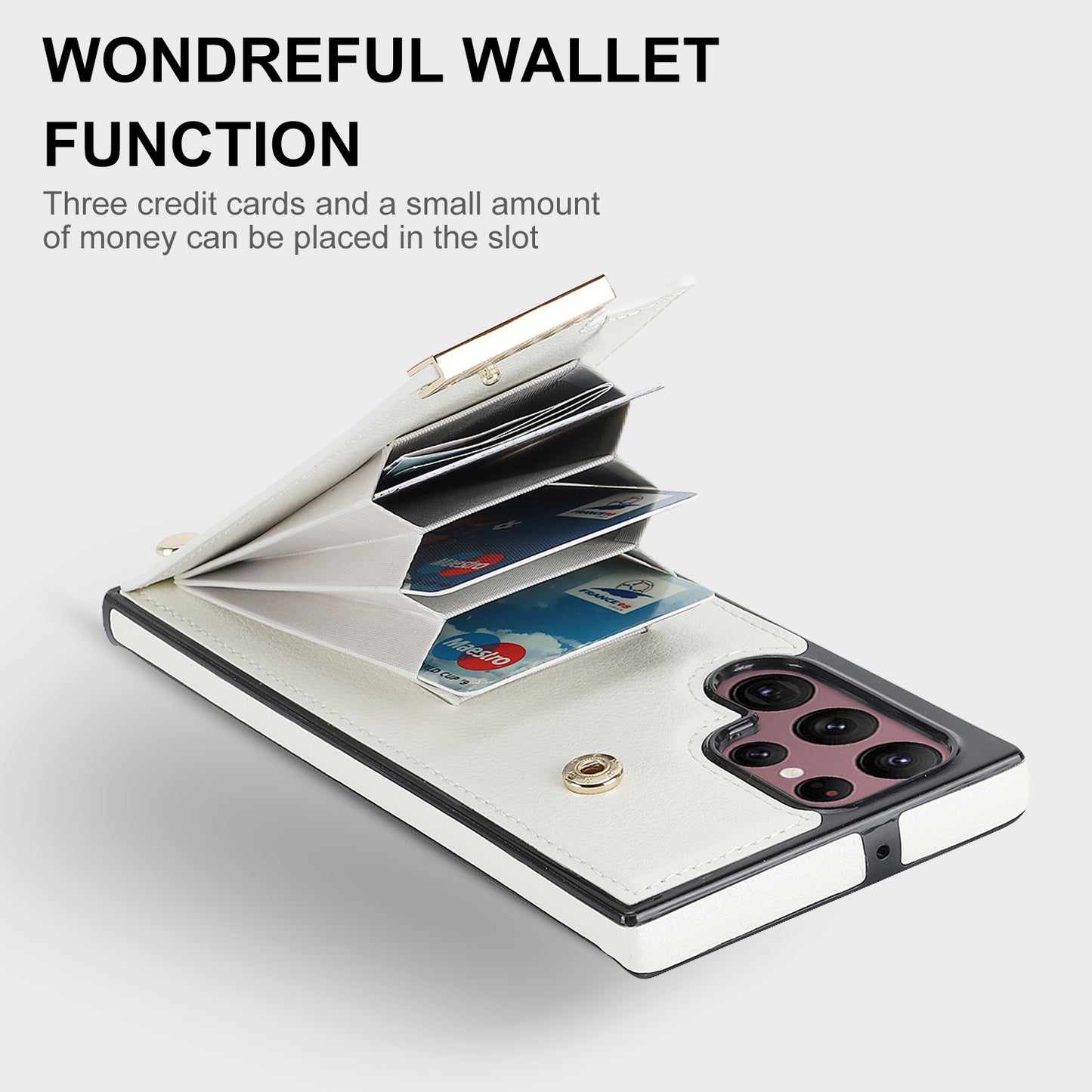 For Samsung Galaxy S24 Ultra Cover Hardware Decor TPU+PU Leather Card Bag Cell Phone Case - White