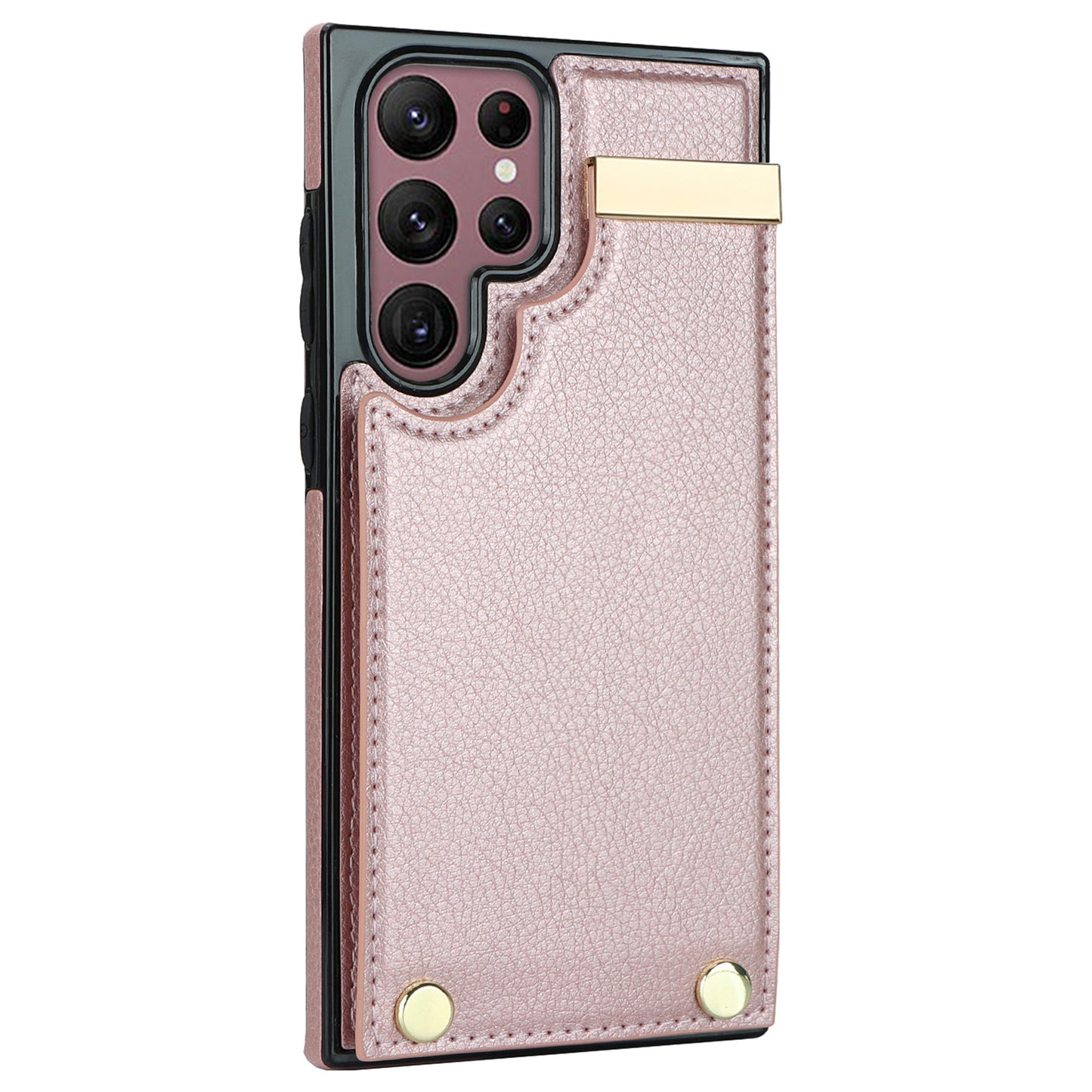 For Samsung Galaxy S24 Ultra Cover Hardware Decor TPU+PU Leather Card Bag Cell Phone Case - Rose Gold