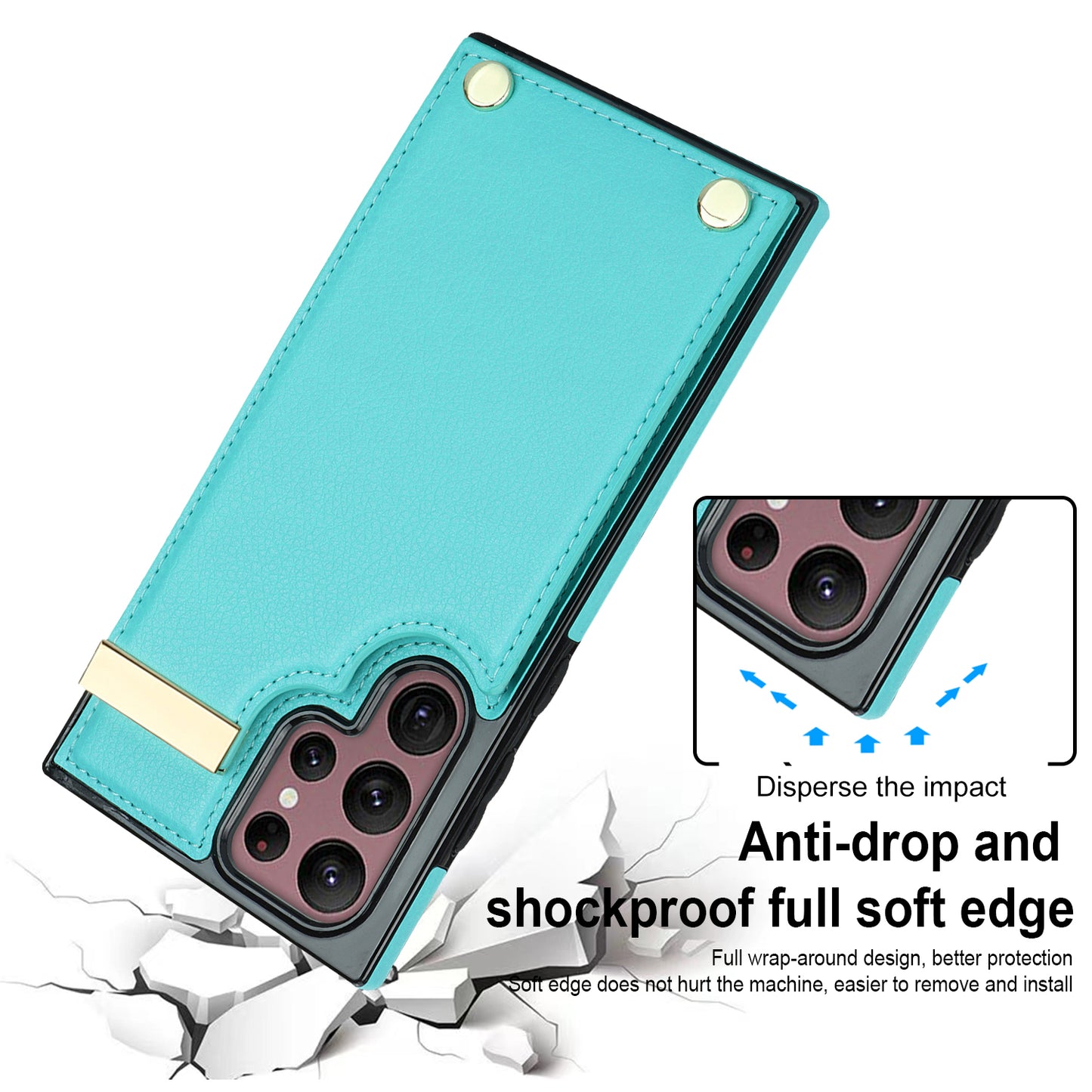 For Samsung Galaxy S24 Ultra Cover Hardware Decor TPU+PU Leather Card Bag Cell Phone Case - Mint Green