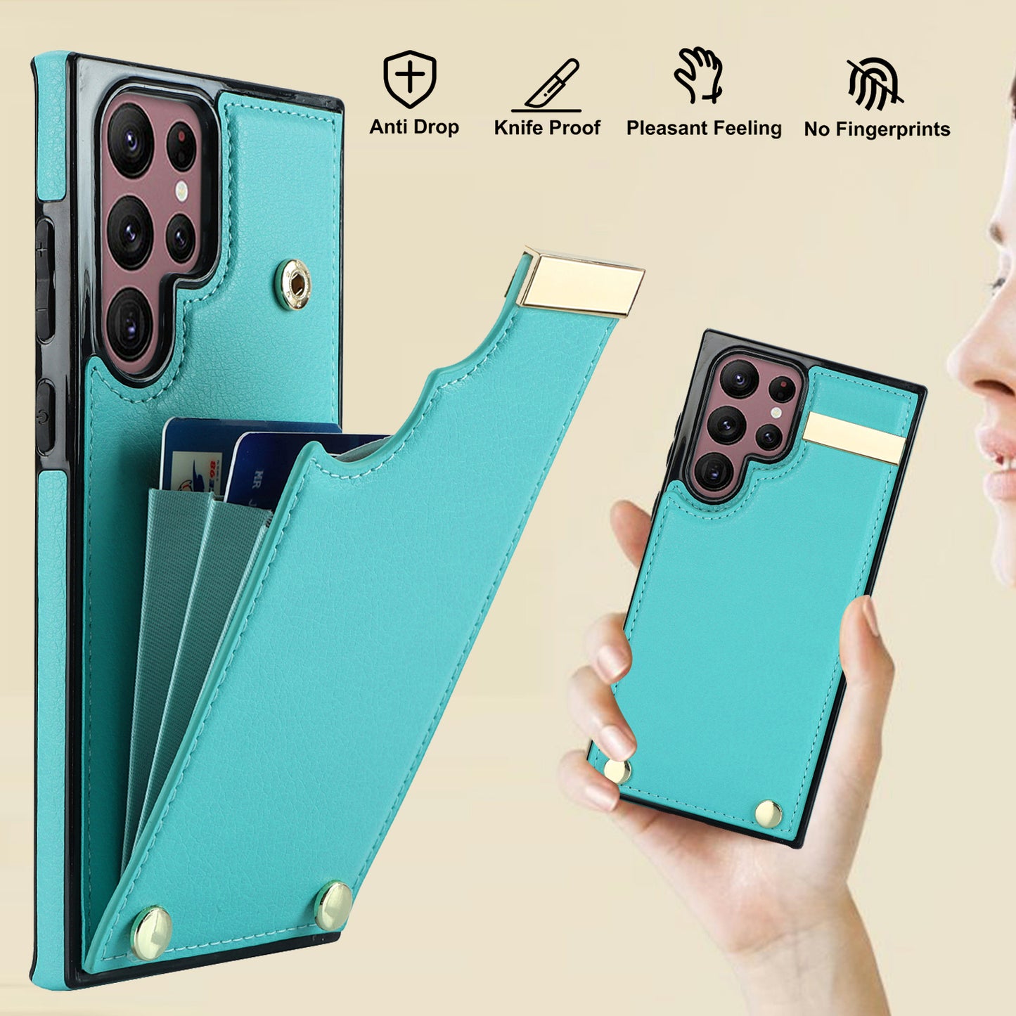 For Samsung Galaxy S24 Ultra Cover Hardware Decor TPU+PU Leather Card Bag Cell Phone Case - Mint Green