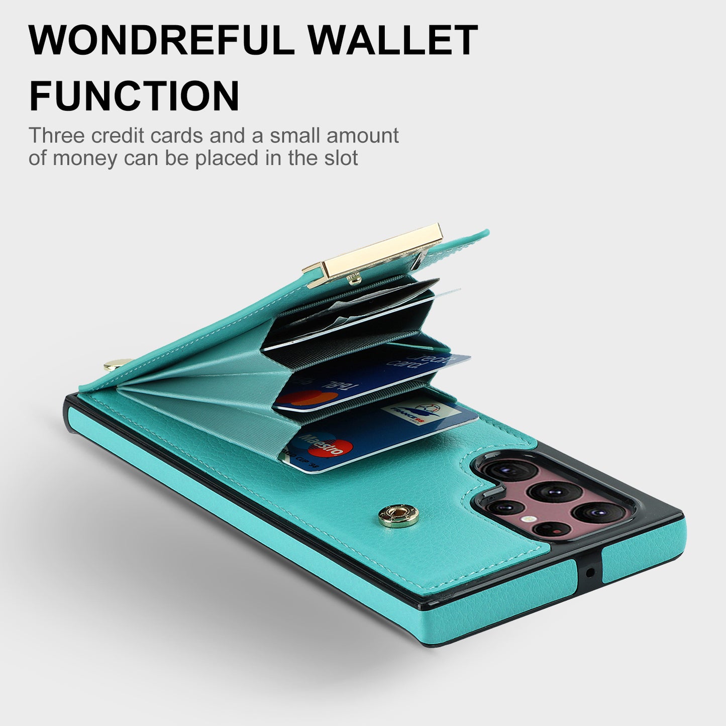 For Samsung Galaxy S24 Ultra Cover Hardware Decor TPU+PU Leather Card Bag Cell Phone Case - Mint Green