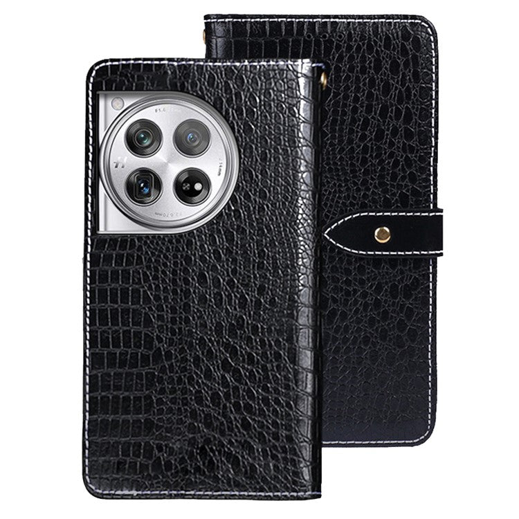 IDEWEI For OnePlus 12 5G Leather Phone Case Crocodile Texture Stand Wallet - Black