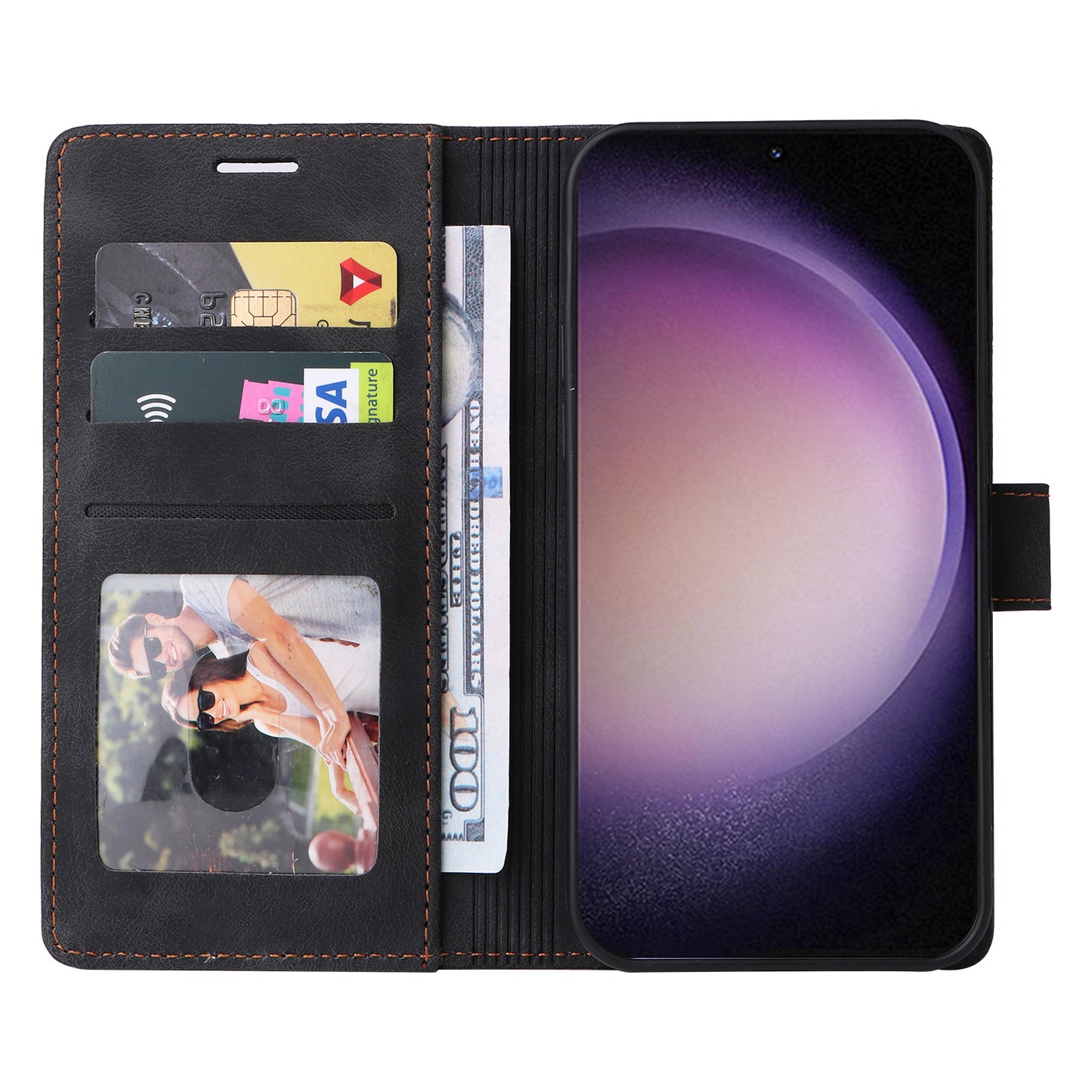 007 Series For Samsung Galaxy S24 Case Anti-Scratch PU Leather Flip Stand Phone Cover - Black