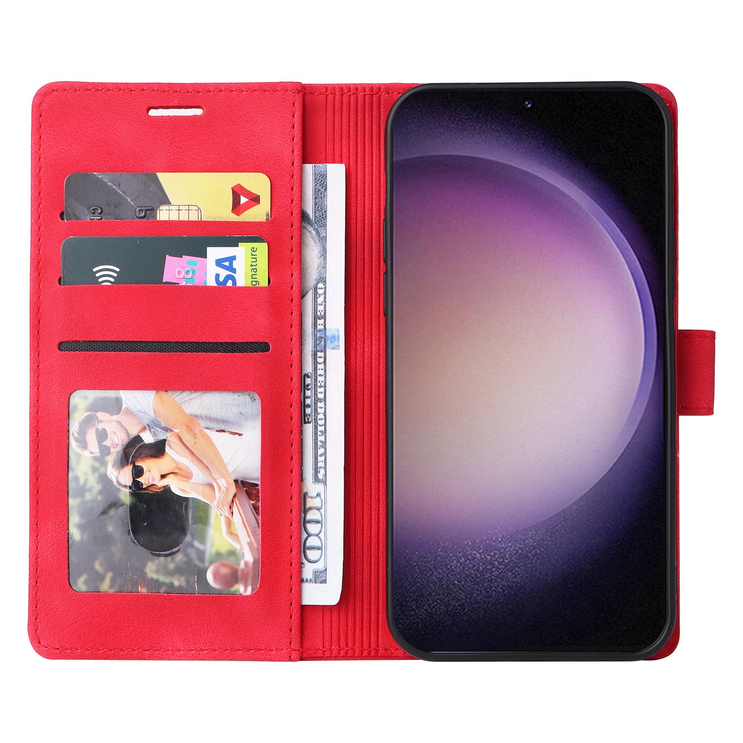 007 Series For Samsung Galaxy S24 Case Anti-Scratch PU Leather Flip Stand Phone Cover - Red