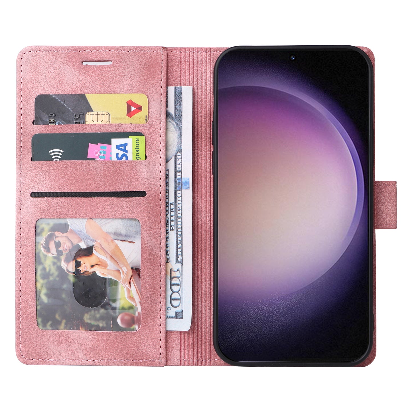 007 Series For Samsung Galaxy S24+ Case TPU+PU Leather Magnetic Skin-touch Phone Stand Cover - Pink