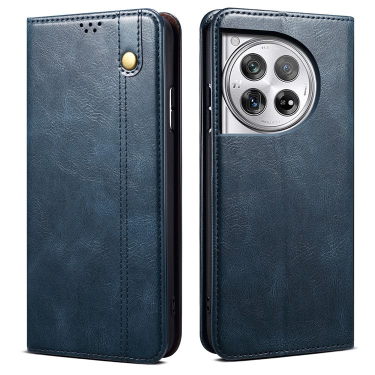 For OnePlus 12 5G Case Stand with Card Holder Waxy Crazy Horse Texture Leather Cover - Blue
