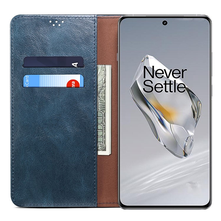 For OnePlus 12 5G Case Stand with Card Holder Waxy Crazy Horse Texture Leather Cover - Blue