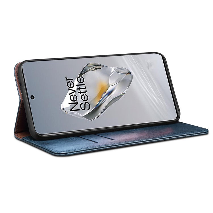 For OnePlus 12 5G Case Stand with Card Holder Waxy Crazy Horse Texture Leather Cover - Blue