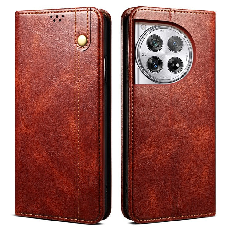 For OnePlus 12 5G Case Stand with Card Holder Waxy Crazy Horse Texture Leather Cover - Brown