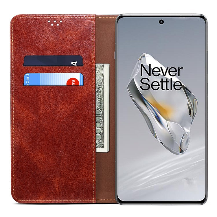 For OnePlus 12 5G Case Stand with Card Holder Waxy Crazy Horse Texture Leather Cover - Brown
