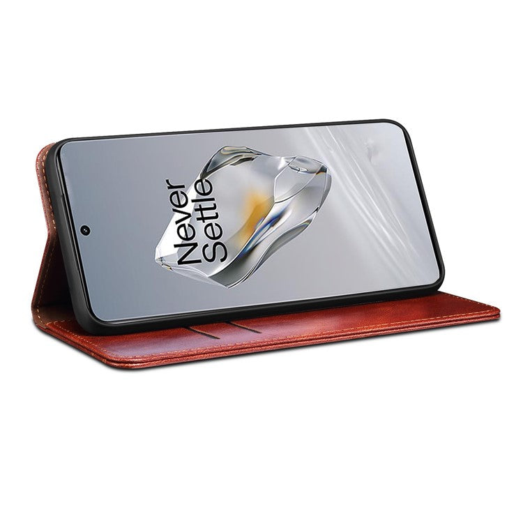 For OnePlus 12 5G Case Stand with Card Holder Waxy Crazy Horse Texture Leather Cover - Brown