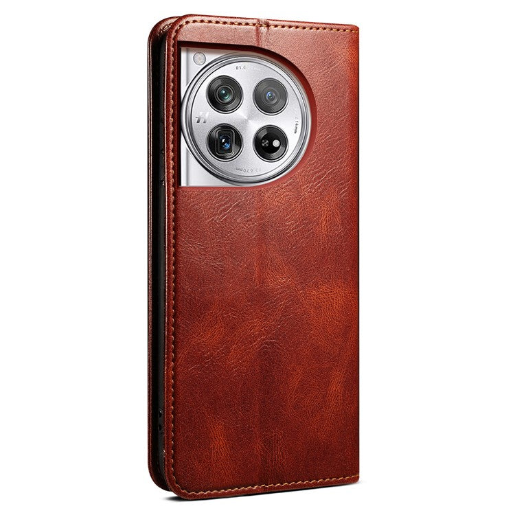 For OnePlus 12 5G Case Stand with Card Holder Waxy Crazy Horse Texture Leather Cover - Brown