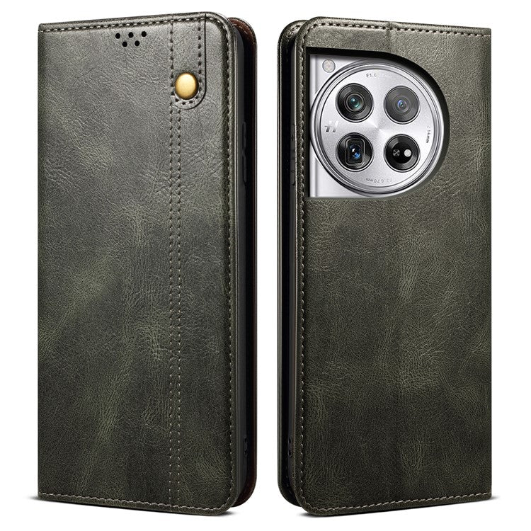 For OnePlus 12 5G Case Stand with Card Holder Waxy Crazy Horse Texture Leather Cover - Green