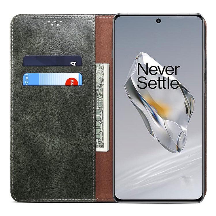 For OnePlus 12 5G Case Stand with Card Holder Waxy Crazy Horse Texture Leather Cover - Green