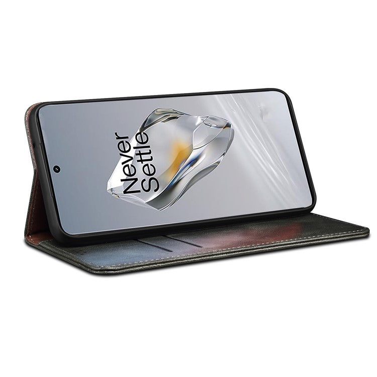 For OnePlus 12 5G Case Stand with Card Holder Waxy Crazy Horse Texture Leather Cover - Green