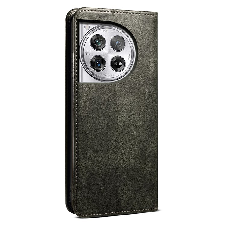 For OnePlus 12 5G Case Stand with Card Holder Waxy Crazy Horse Texture Leather Cover - Green